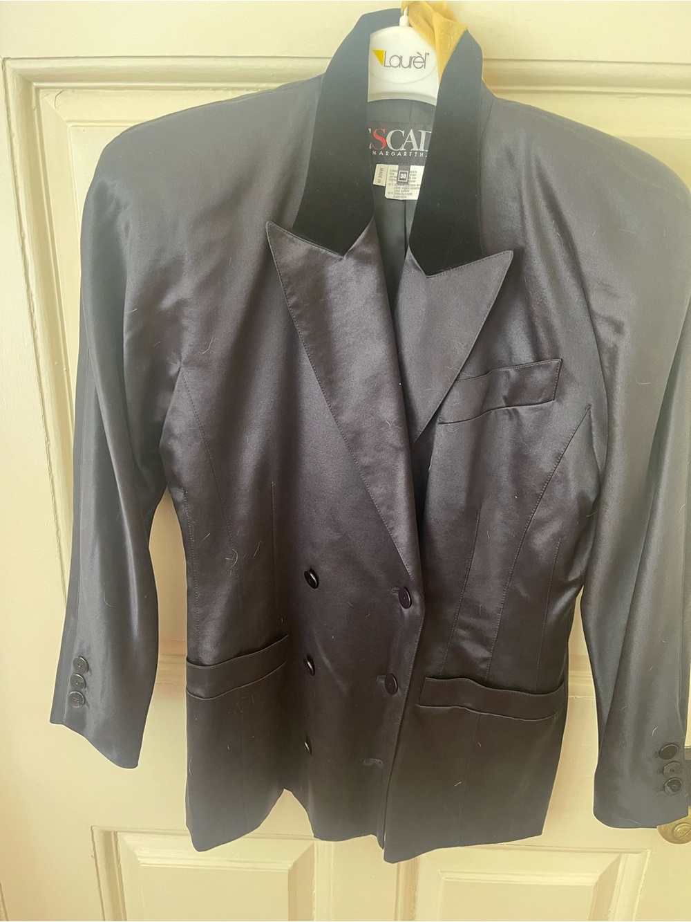 Escada Black Satin Double-Breasted Blazer with Velvet Collar